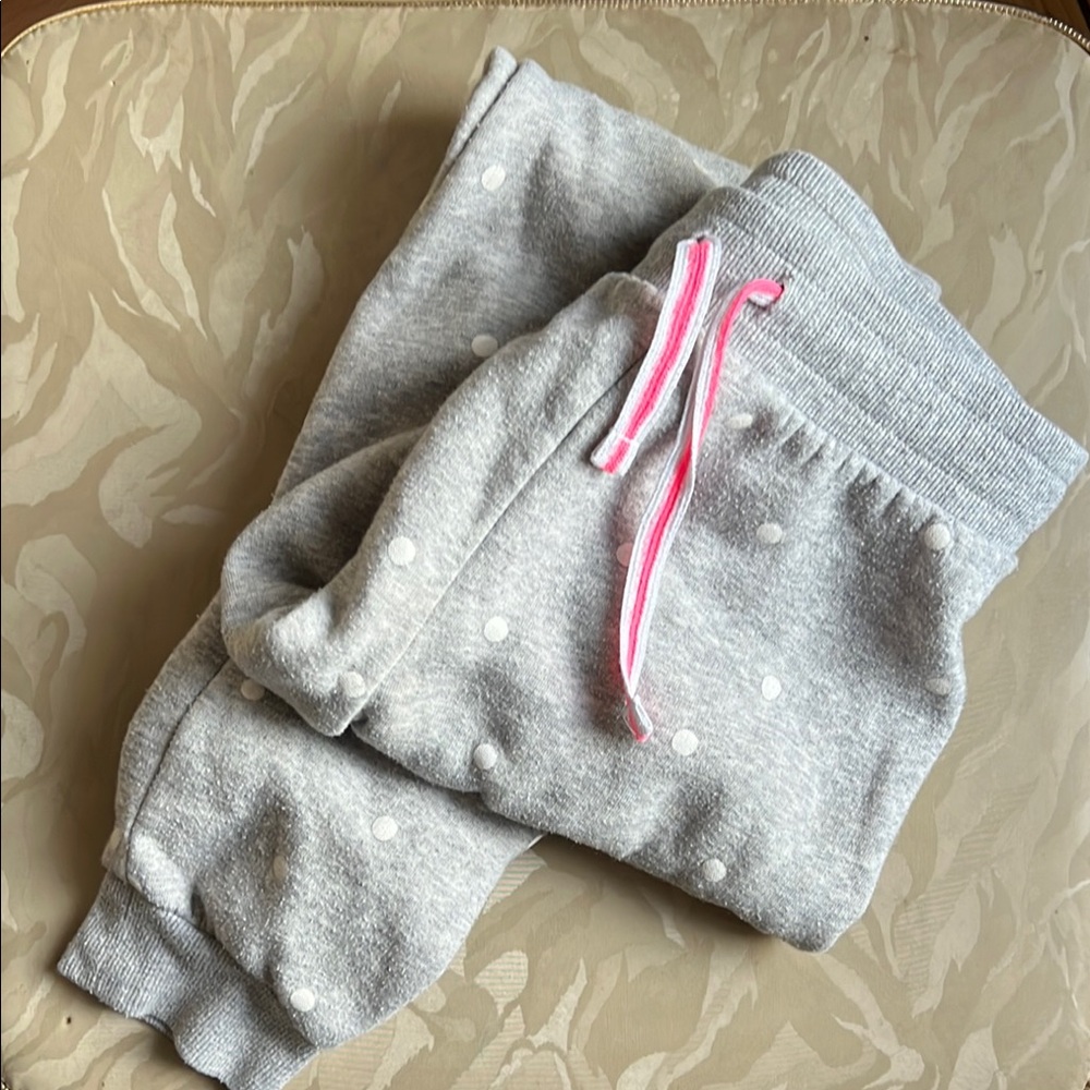 H&M Gray and White Polka Dot Joggers with Elasticized Cuffs and Pink Tie Ribbon